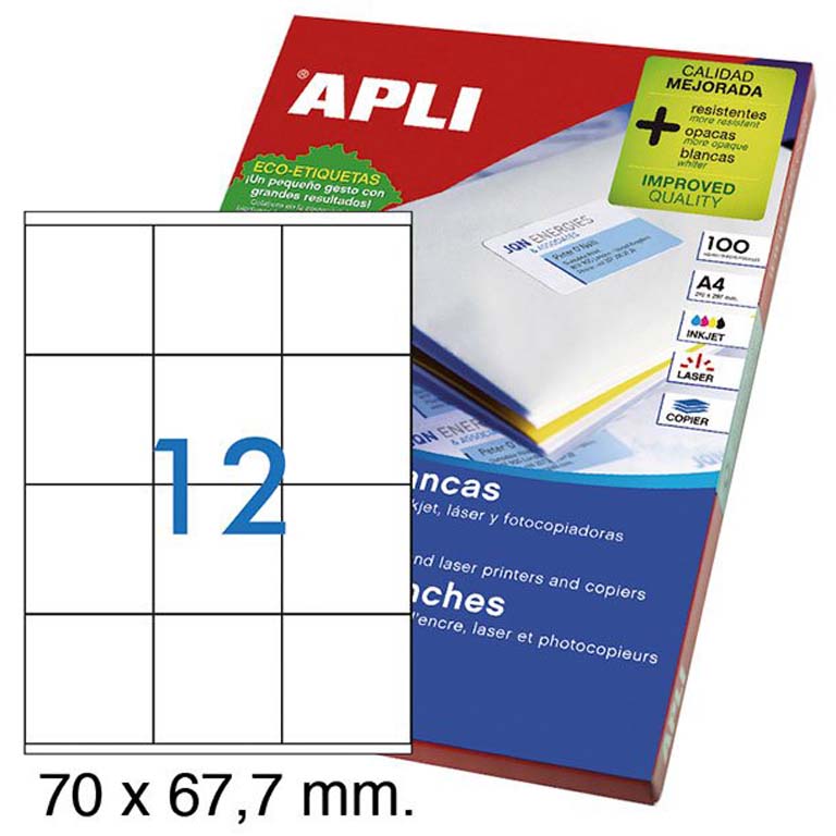 ETIQUETAS AUTOADHESIVAS APLI 70X67,7MM CANTOS RECTOS 12 ETIQUETAS X HOJA PAQUETE 100 HOJAS A4