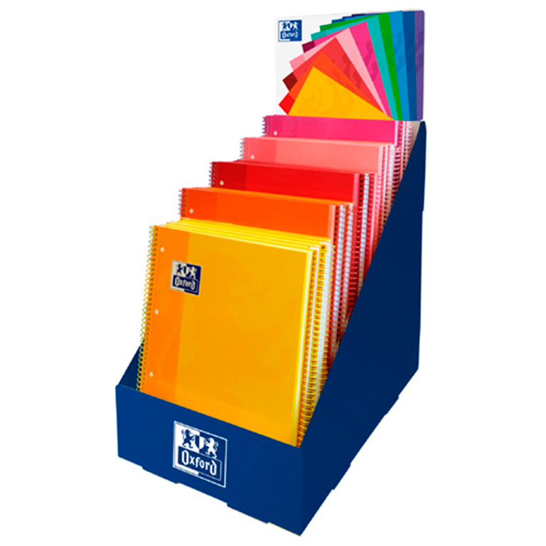 EXPOSITOR 25 BLOCS OXFORD A4+ 80 HOJAS 90 GRAMOS TAPA EXTRADURA CUADRICULA 5MM COLORES CÁLIDOS