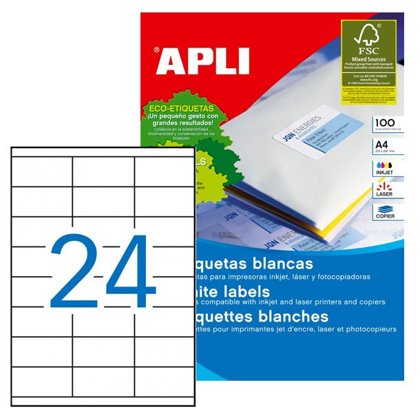ETIQUETAS AUTOADHESIVAS APLI 70X36MM CANTOS RECTOS 24 ETIQUETAS X HOJA PAQUETE 100 HOJAS A4
