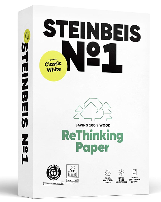 STEINBEIS N1, PAPEL 100% RECICLADO, A4, 80 G/M2, PAQUETE 500 HOJAS 