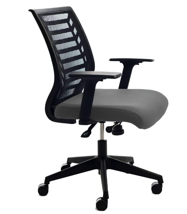 SILLA DE OFICINA CON RESPALDO DE MALLA NEGRA Y ASIENTO TAPIZADO EN COLOR GRIS